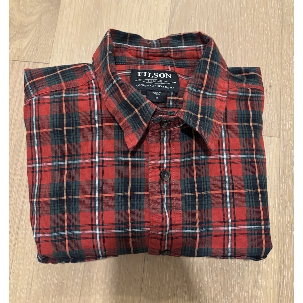 Filson Plaid Western Flannel Button Down Long Sleeve Shirt Men Medium Red